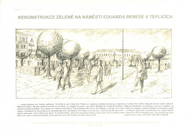 Rekonstrukce Benešova náměstí v Teplicích; návrh dlažeb, zeleně, mobiliáře - návrh 01
